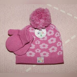 Floral Pink Beanie and Mittens Set for Kids